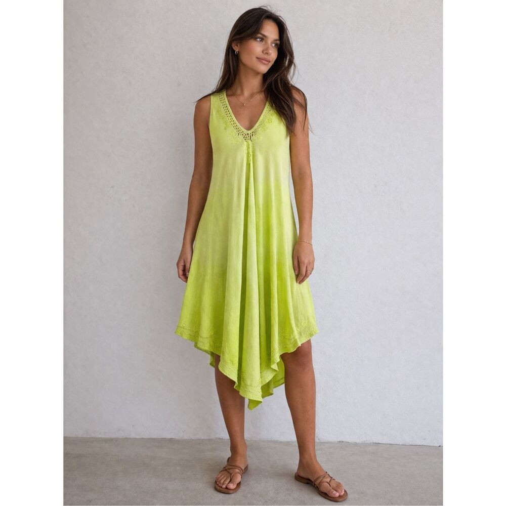 Southern Breeze Lime Green Asymmetrical Dress Crochet Lace Trim Boho Flowy OS
